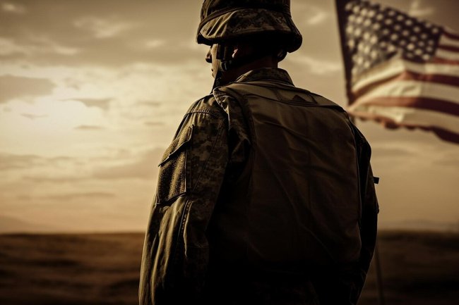 το τέλος της αμερικής, ένας στρατιώτης με την αμερικανική σημαία πίσω του κοιτάει το ηλιοβασίλεμα