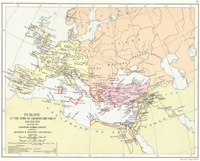 Χάρτης της Ευρώπης τήν εποχή του Καρλομάγνου Map of west and east Europe during the times of Charlemagne